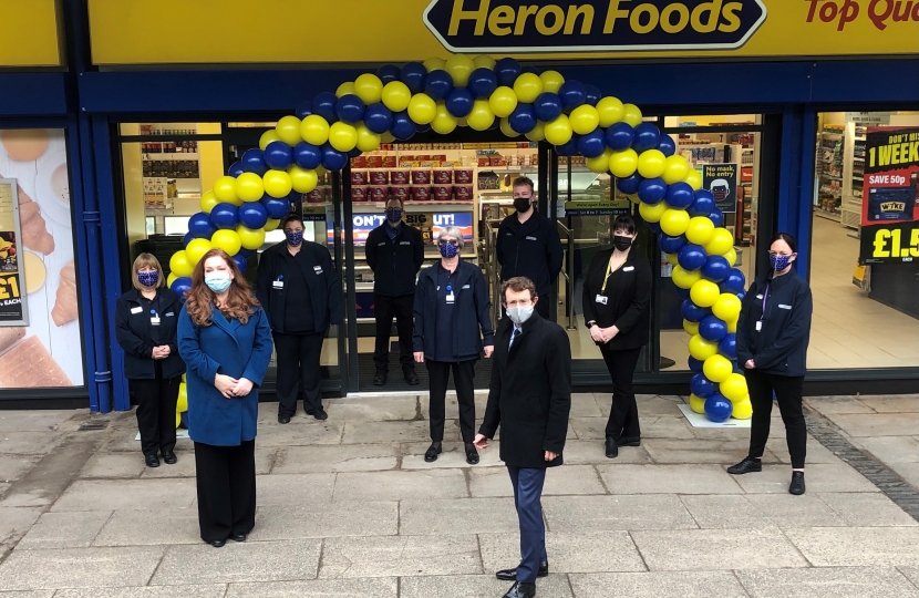 Jane with Mayor Andy Street outside Heron Foods