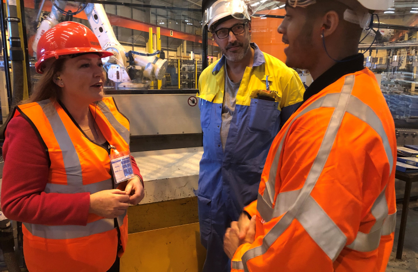 Jane talking to apprentices at Tata Steel in Wednesfield