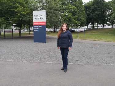 Jane outside New Cross Hospital