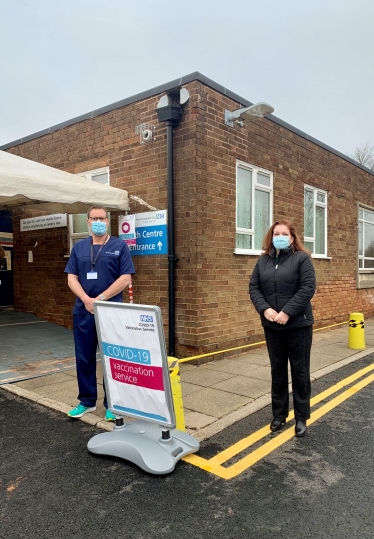 Jane with Dr John Burrell outside Alfred Squire Road Health Centre