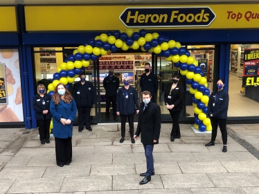 Jane with Mayor Andy Street outside Heron Foods